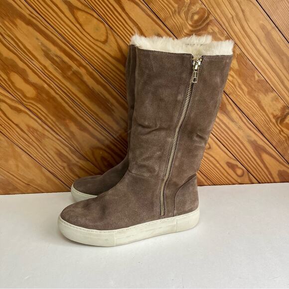 J/Slides Antonia Faux Fur Lined Waterproof Suede Tall Boot Taupe - Picture 2 of 6